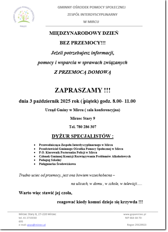 MIĘDZYNARODOWY DZIEŃ BEZ PRZEMOCY